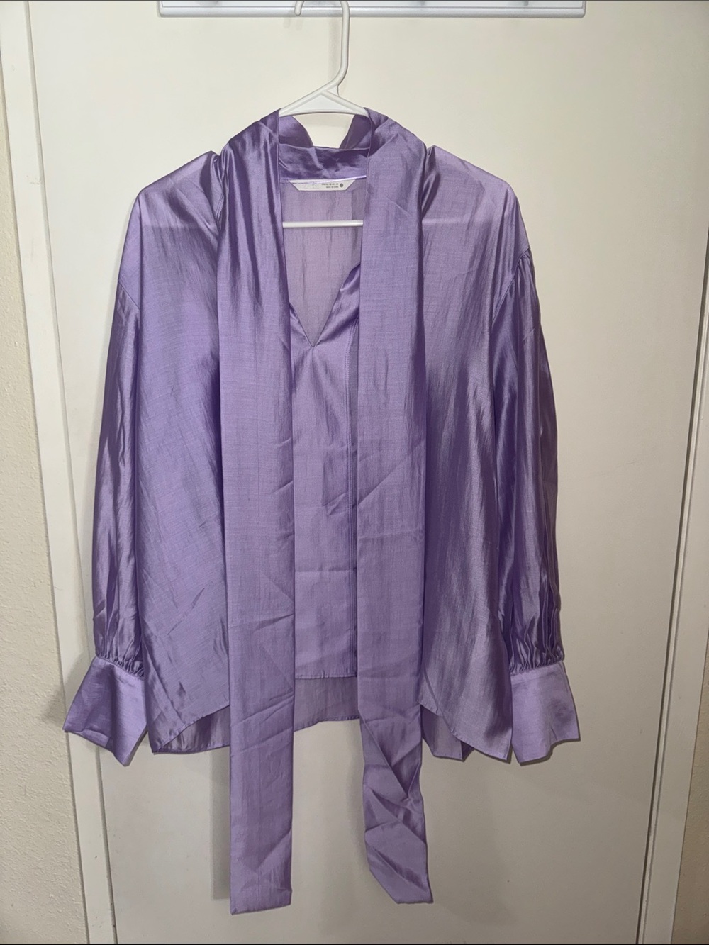 Zara Lavender Satin Tie-Neck Dress Shirt